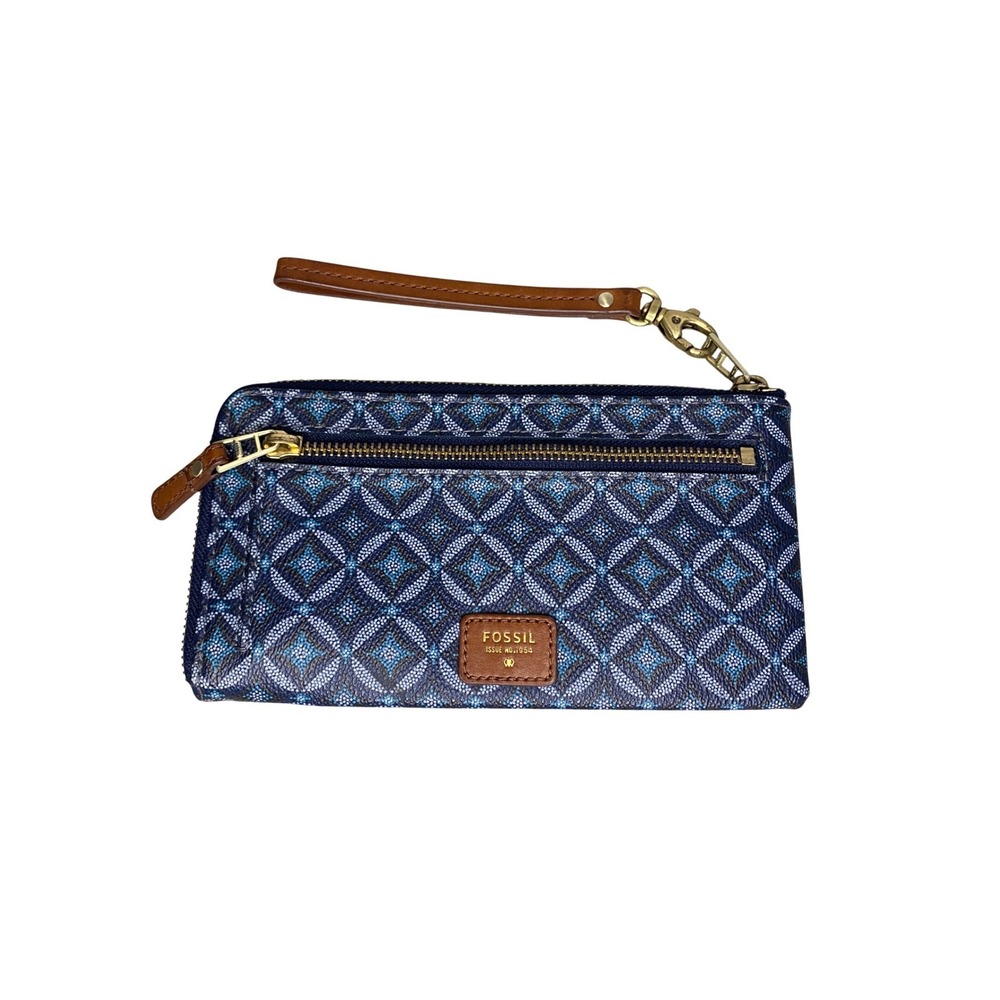 Fossil Sydney Signature Zip Around Clutch Wallet Blue Geometric Wristlet Strap